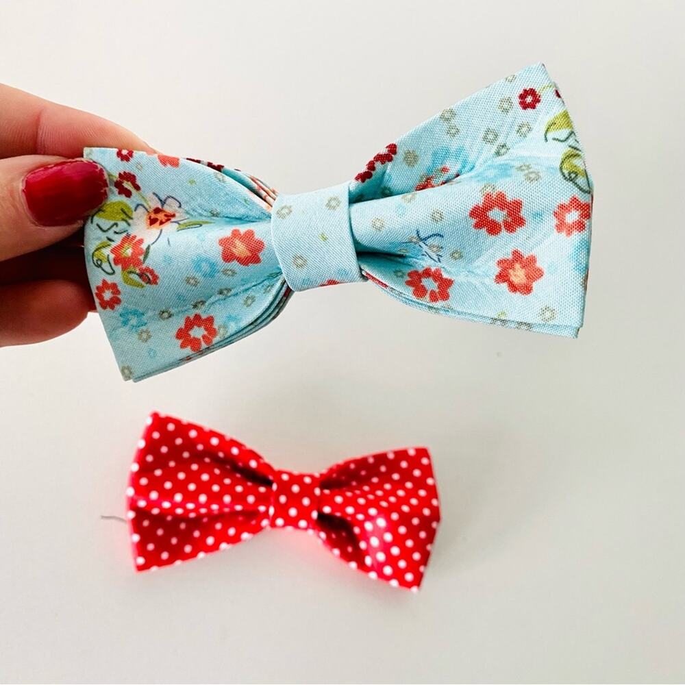NEW HANDMADE Blue Floral White Red Polka Dot Dog Cat Pet Collar Elastic Bow Tie
